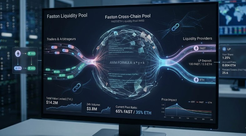 The image provides a detailed visualization of how a Faston Liquidity Pool functions within a DeFi dashboard: