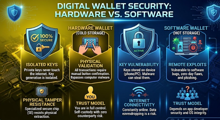 Infographic comparing Hardware Wallet (Cold Storage) versus Software Wallet (Hot Storage) security features, highlighting isolated keys and physical tampering resistance for hardware wallets against the remote exploits and internet connectivity risks of software wallets