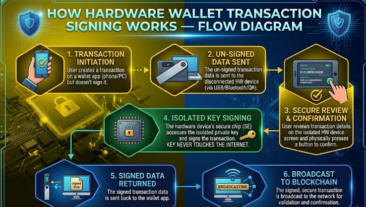 A 6-step flow diagram explaining how a hardware wallet signs transactions offline. Steps include transaction initiation on a device, sending unsigned data to the hardware wallet, physical review and confirmation on the secure device, isolated key signing within the Secure Element chip, returning the signed data to the app, and finally broadcasting to the blockchain.