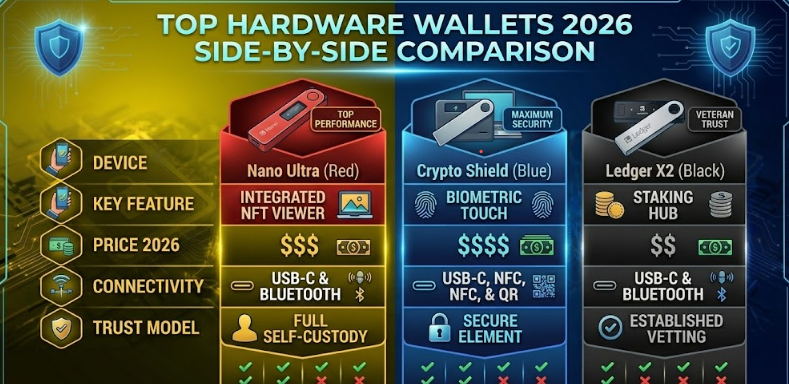 An infographic comparing top hardware wallets of 2026 in a side-by-side grid format. The three columns show the Nano Ultra (Red), Crypto Shield (Blue), and Ledger X2 (Black).
