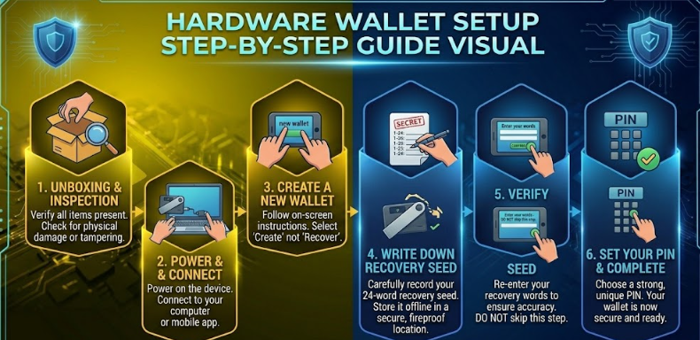 For your Hardware Wallet Setup Guide visual, here are the optimized alt text options:
Option 1: Detailed & Instructional (Best for SEO)
"A 6-step infographic guide for setting up a hardware wallet. Steps include: 1. Unboxing and inspection for tampering; 2. Powering on and connecting to a computer; 3. Selecting 'Create a New Wallet'; 4.