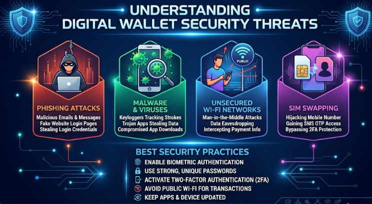 Are your digital assets safe? Explore our comprehensive infographic on digital wallet security threats—from phishing to SIM swapping—and learn the essential steps to secure your mobile payments today.