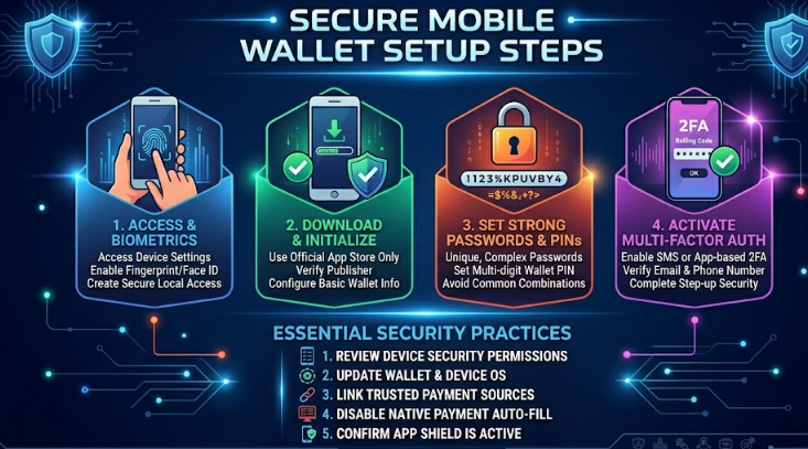 New to mobile payments? Our visual guide walks you through the 4 critical steps to secure your digital wallet, from biometric setup to activating multi-factor authentication. Start paying safely today!