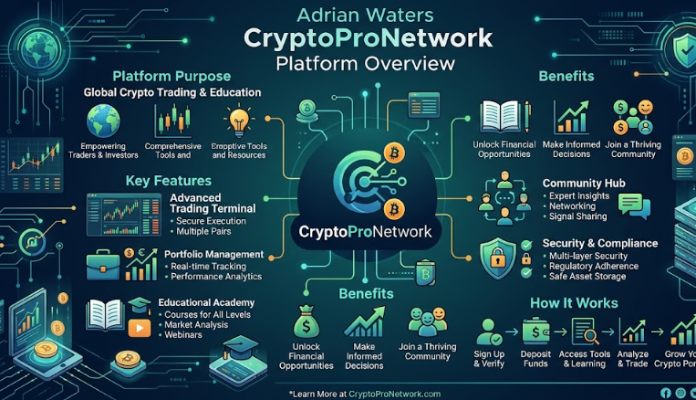 Based on your request, I have generated an overview of the Adrian Waters CryptoProNetwork platform, synthesizing the likely conceptual framework for such a system into a visual summary.
