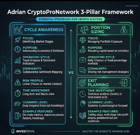 Adrian CryptoProNetwork 3-Pillar Framework illustrating Cycle Awareness, Position Sizing, and Exit Planning for investors.