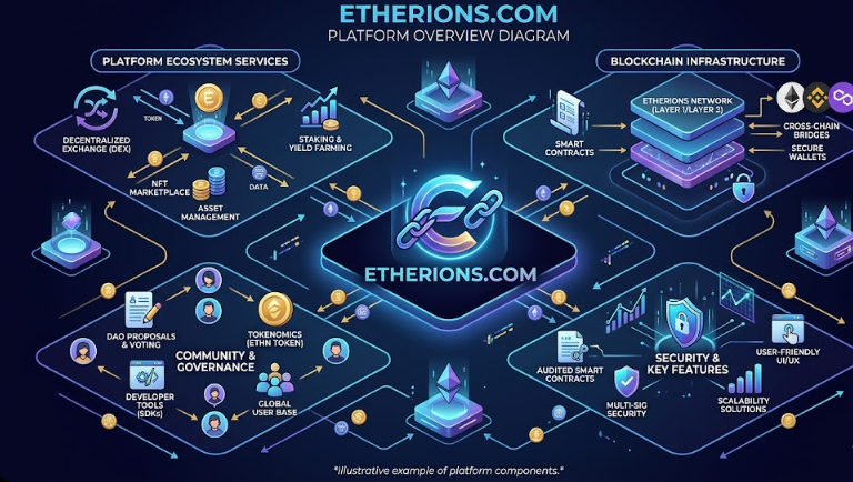 A high-tech, isometric platform overview diagram for Etherions.com. At the center is a glowing, stylized logo featuring the letter 'E' integrated with a chain link, labeled 'ETHERIONS.COM'. Surrounding the center are four interconnected thematic clusters depicted in a futuristic, digital styl