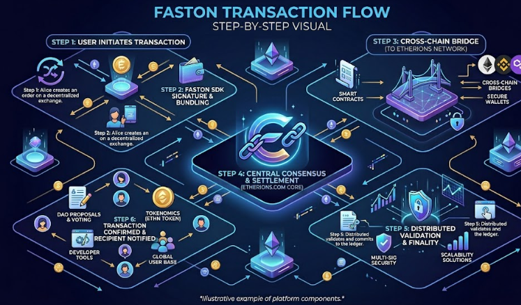 A detailed isometric diagram illustrating the step-by-step transaction flow of the Faston platform, connecting various decentralized finance (DeFi) services and the central Etherions network on a dark, interconnected, futuristic grid. The flowchart is titled "FASTON TRANSACTION FLOW: STEP-BY-STEP VISUAL" at the top and segmented into six labeled steps with a glowing central hub