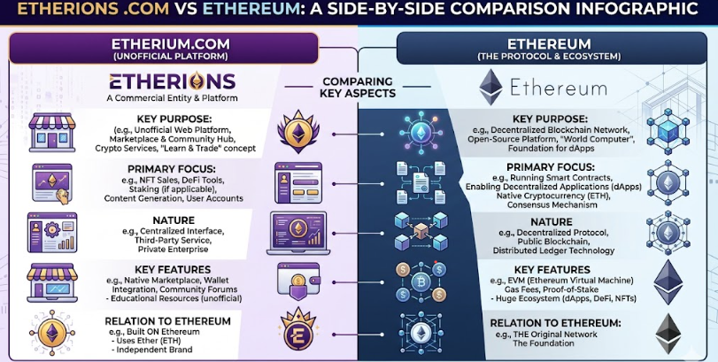 An infographic comparing "Etherions.com" and "Ethereum." The image is split vertically into two distinct sections to provide a side-by-side comparison under the main title "ETHERIONS .COM VS ETHEREUM: A SIDE-BY-SIDE COMPARISON INFOGRAPHIC.