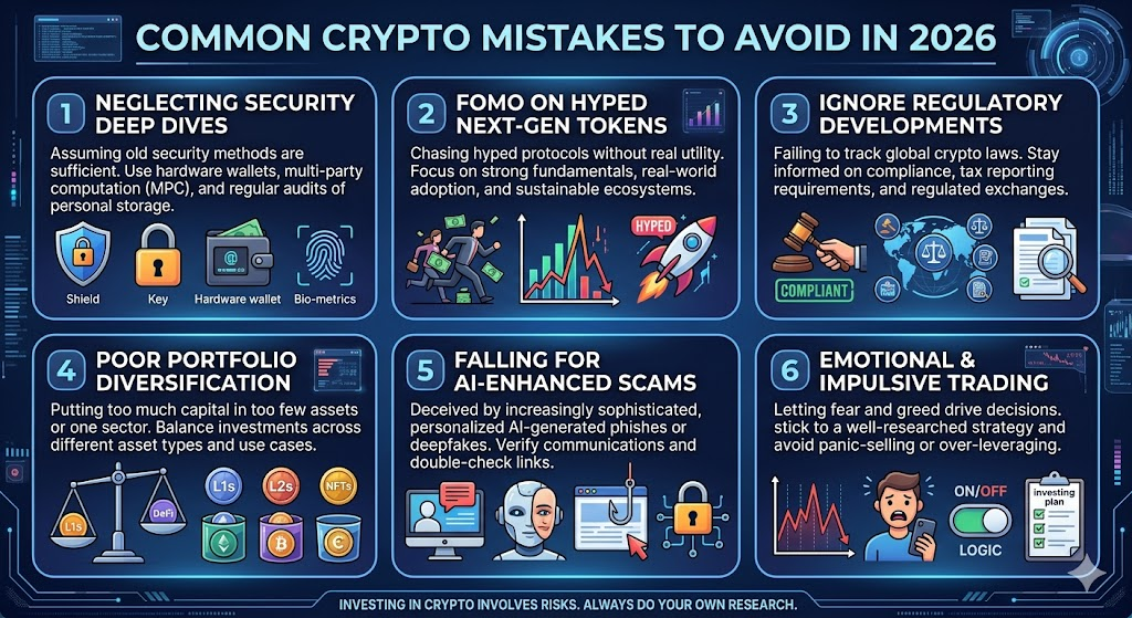 Here is your infographic outlining common crypto mistakes to avoid in 2026. This guide is designed to help you navigate the landscape of next-generation digital assets, highlighting key pitfalls such as security oversights, emotional trading, and falling for sophisticated scams.