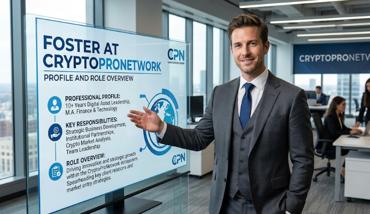 A businessman in a suit stands next to a transparent screen with text. He points to details about his professional experience at CryptoProNetwork. His role involves strategic business development and leading teams in the digital asset market.